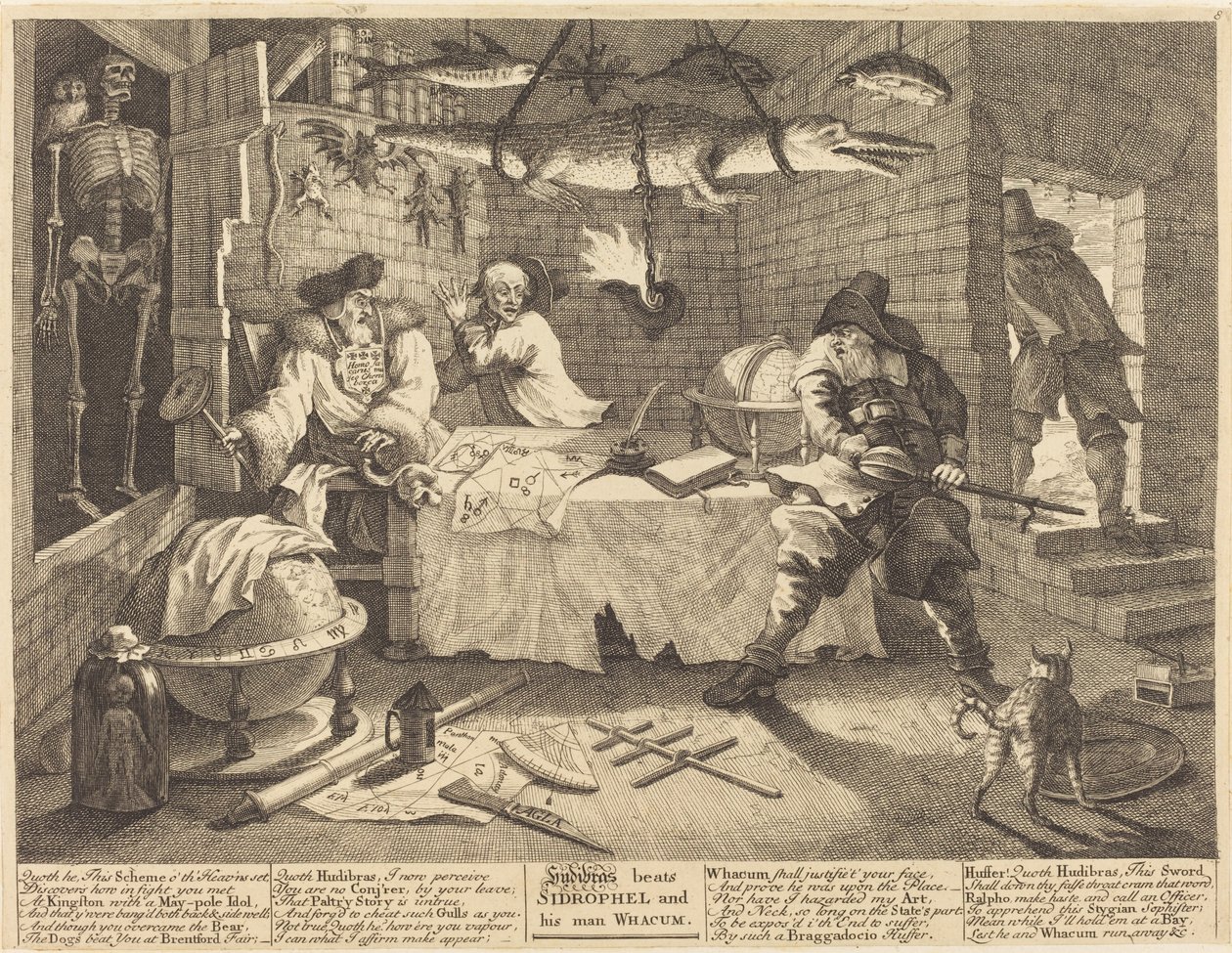 Hudibras megveri Sidrophelt és emberét, Whacumot alkotó: William Hogarth