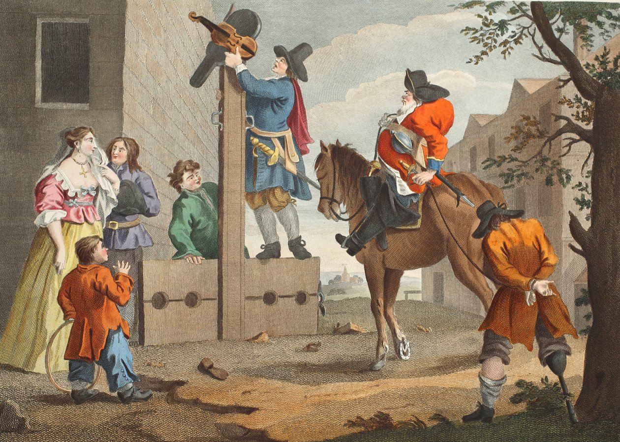 Hudibras vezeti Crowderót a Triumphban, Samuel Butler (1612-80) „Hudibras”-jából, illusztráció a „Hogarth Restored: The Whole Works of the híres William Hogarth, újrametszette Thomas Cook” című kocsmából. 1812 (kézzel színezett metszet) alkotó: William Hogarth