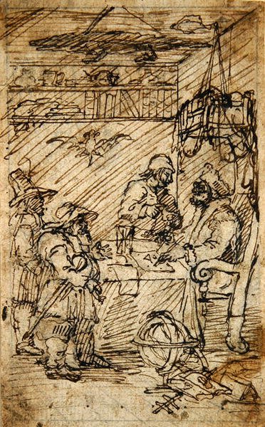 Hudibrák meglátogatják Sidrophelt (toll és barna tinta ceruza fölött, papíron) alkotó: William Hogarth