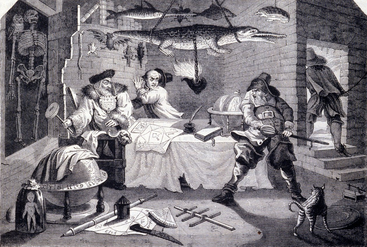 Hudribas megtámadja Sidrophel asztrológust és inasát, Whacumot. William Hogarth (1697-1764) metszete Samuel Butler (17. század) „Hubridas” című verséhez. 1725 körül alkotó: William Hogarth