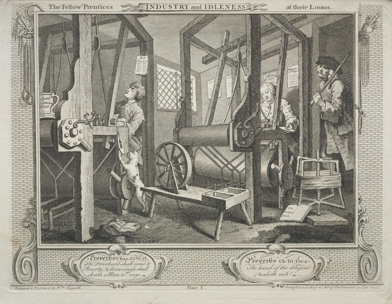 Ipar és tétlenség: The Fellow Prentices a szövőszékeken alkotó: William Hogarth