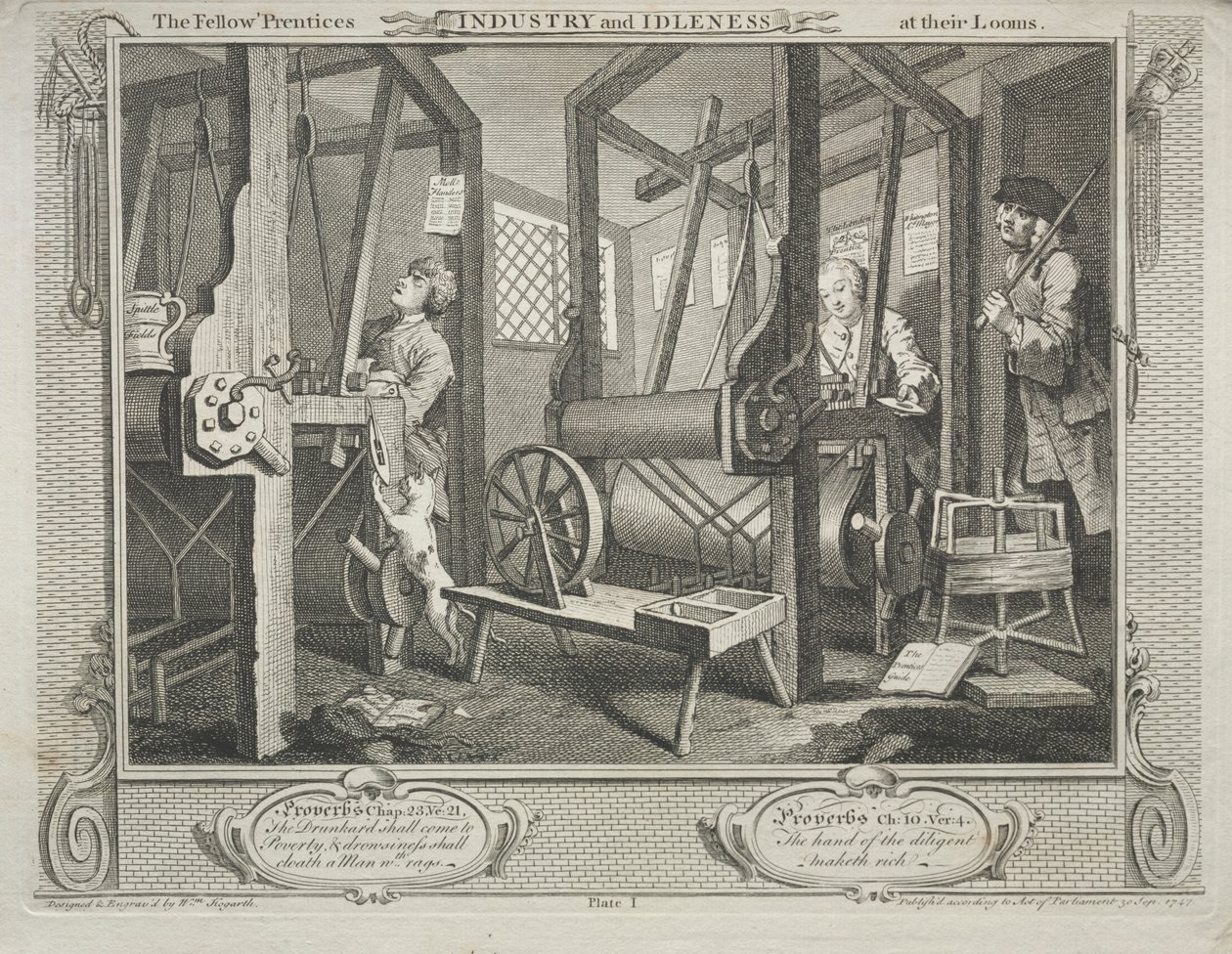 Ipar és tétlenség: The Fellow Prentices at their Loooms, 1747. alkotó: William Hogarth