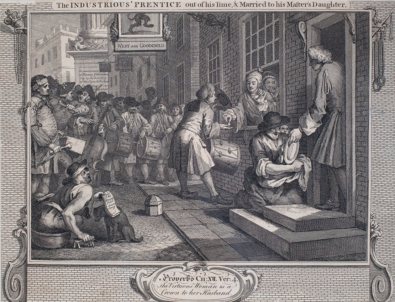 Ipar és tétlenség: Prentice Married (vonalmetszet papírra) alkotó: William Hogarth