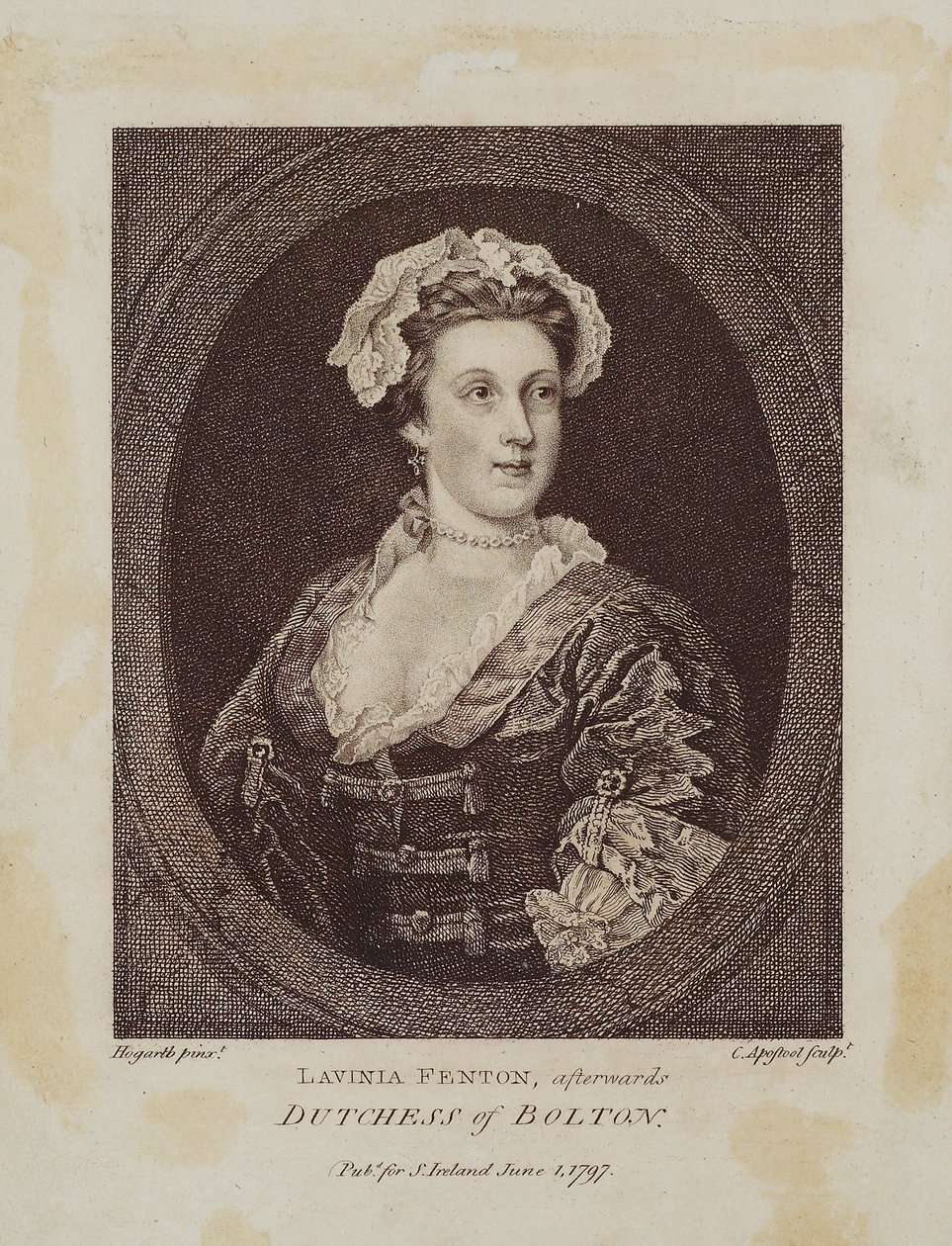 Lavinia Fenton, később Bolton hercegnője, Cornelius Apostool (1762-1844) metszete, 1797 (stiffle-metszet) alkotó: William Hogarth