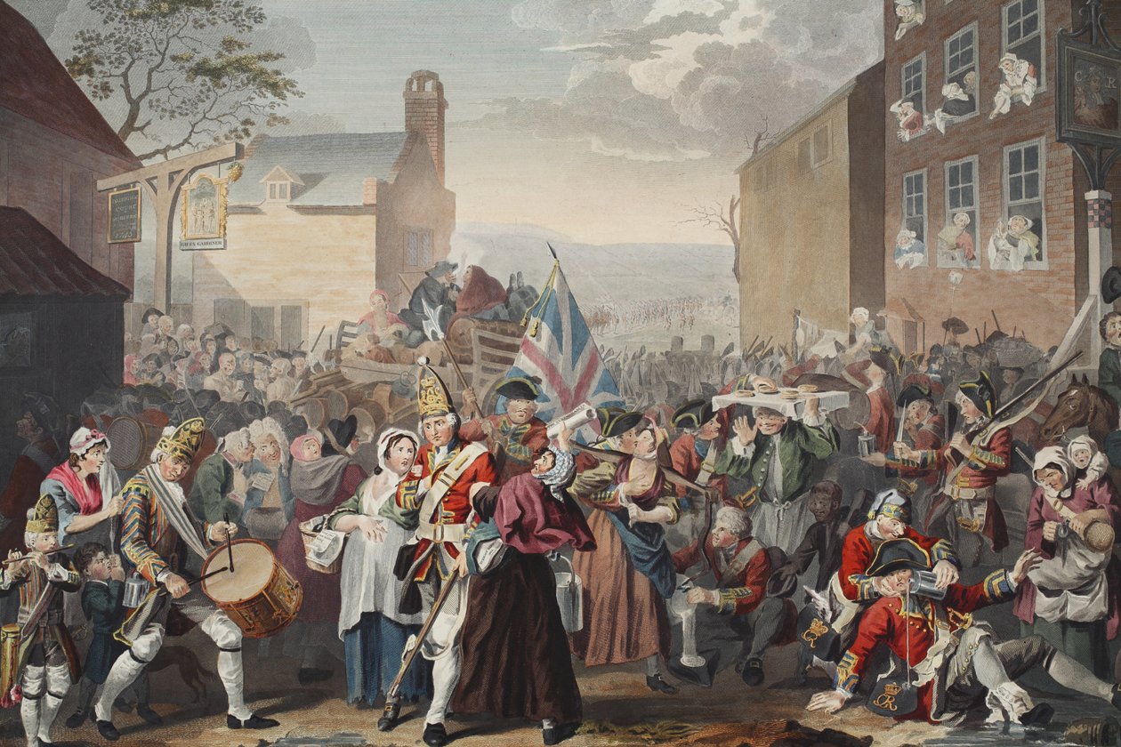 March of the Guard to Finchley, illusztráció a „Hogarth Restored: The Whole Works of the híres William Hogarth, re-graves by Thomas Cook”, pub. 1812 (kézzel színezett metszet) alkotó: William Hogarth