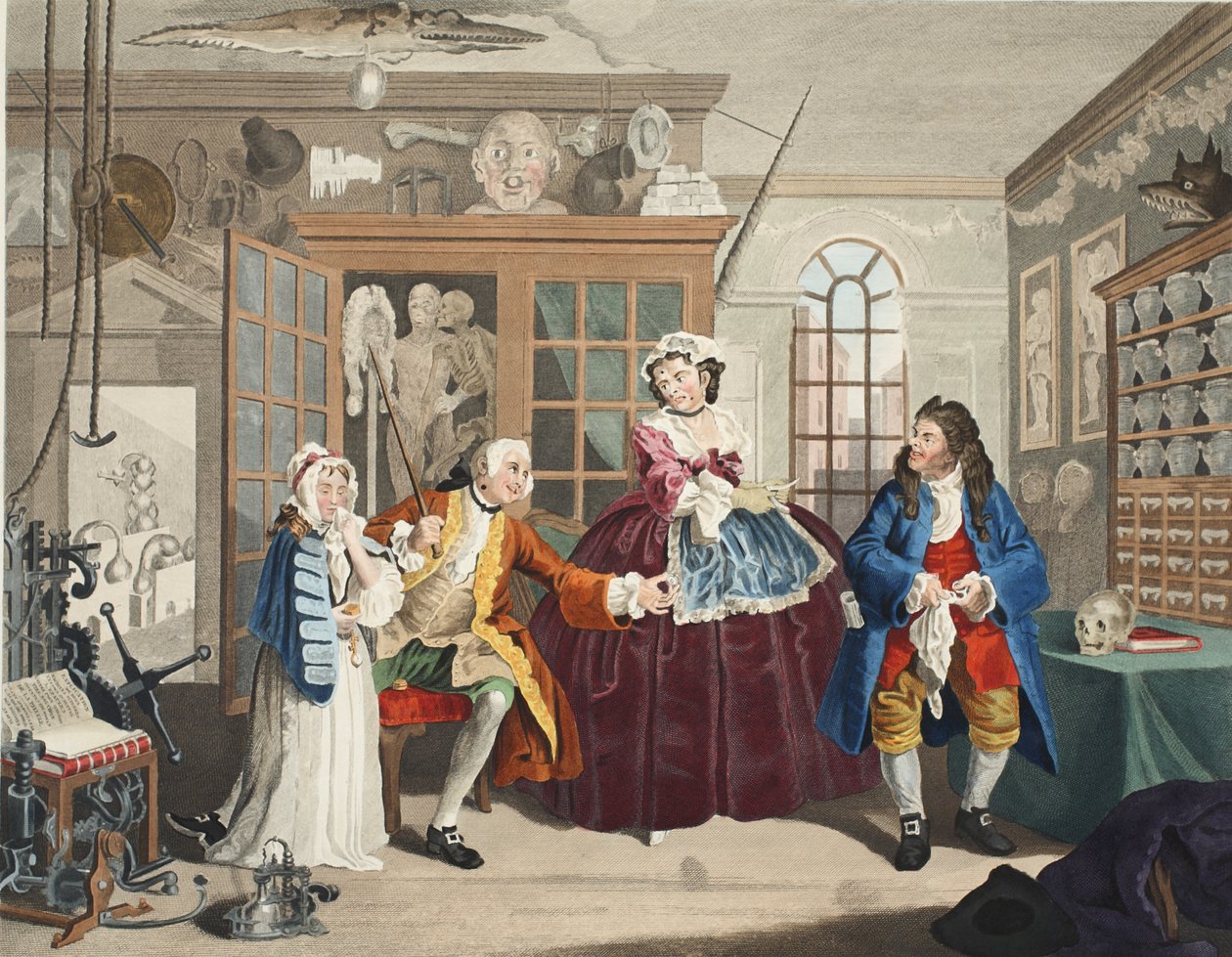 Marriage a la Mode, III. tábla, The Inspection, illusztráció a „Hogarth Restored: The Whole Works of the híres William Hogarth, re-graves by Thomas Cook”, pub. 1812 (kézzel színezett metszet) alkotó: William Hogarth