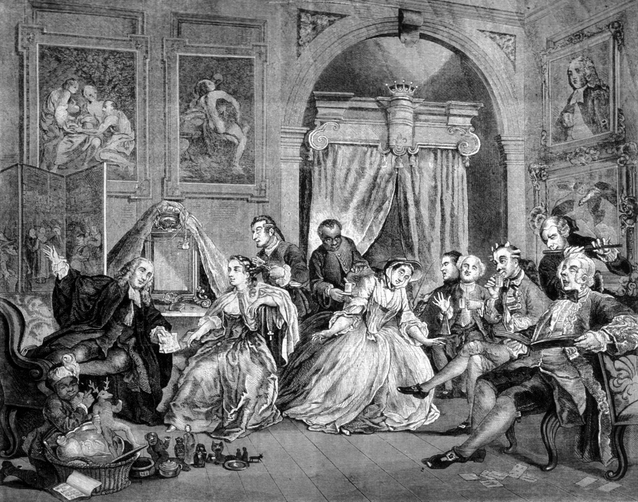 Házasság a divatban (Marriage in Fashion): 6 szatirikus táblából álló sorozat gazdag emberek esküvőjéről. Keltsd fel. William Hogarth (1697 - 1764) metszete. 1745. alkotó: William Hogarth