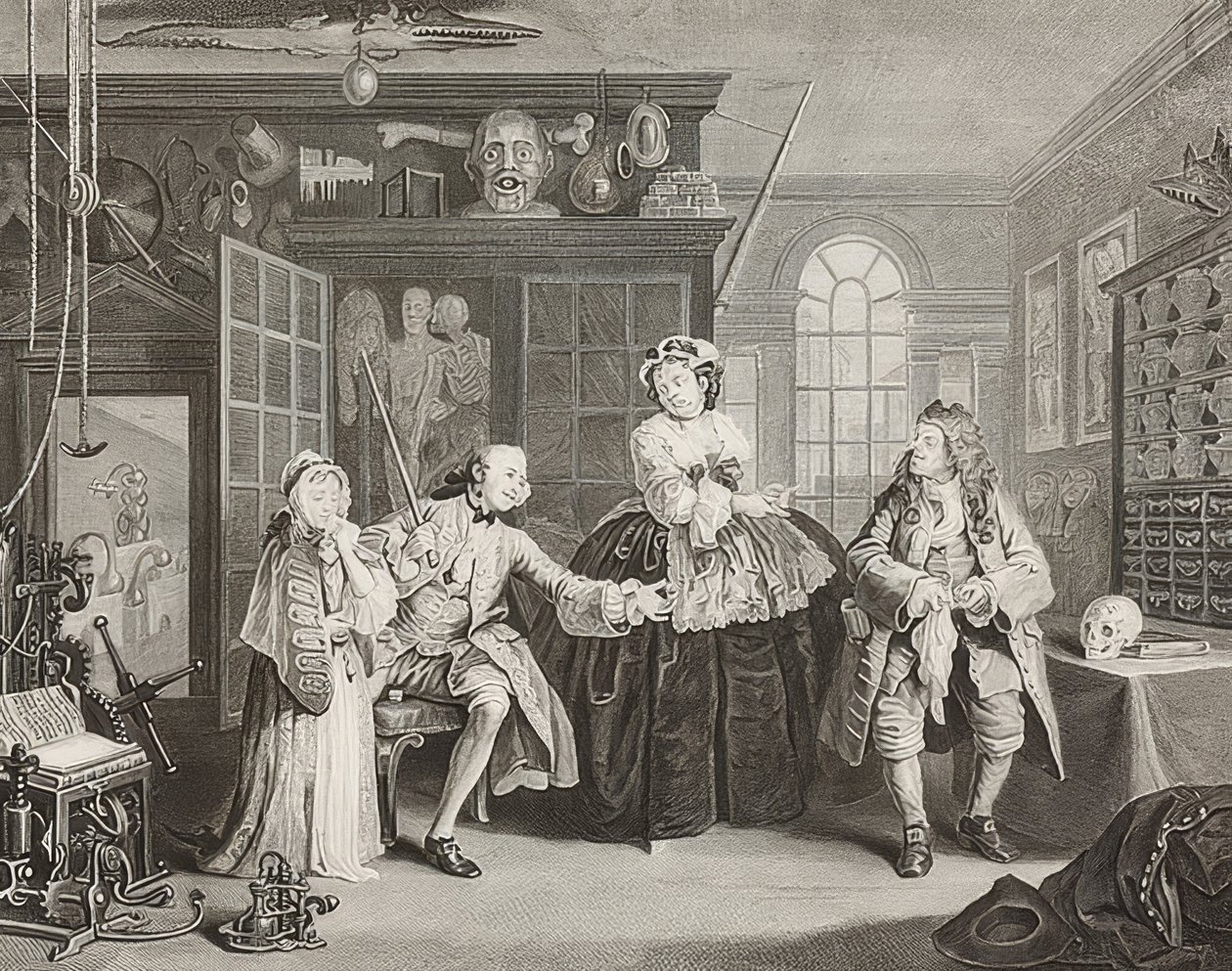 Házasság à la Mode / házasság a divat szerint. 3. lap: Az ellenőrzés / The Count and the Quack. 1745 alkotó: William Hogarth