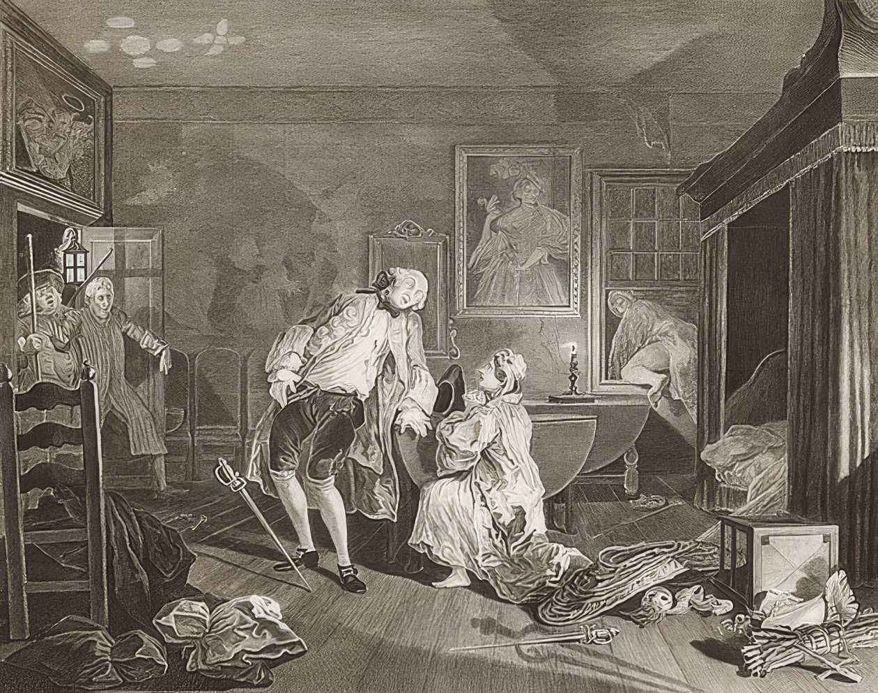 Házasság à la Mode / házasság a divat szerint. 5. lap: A Bagnio / A gróf elesik egy párbajban. 1745 alkotó: William Hogarth