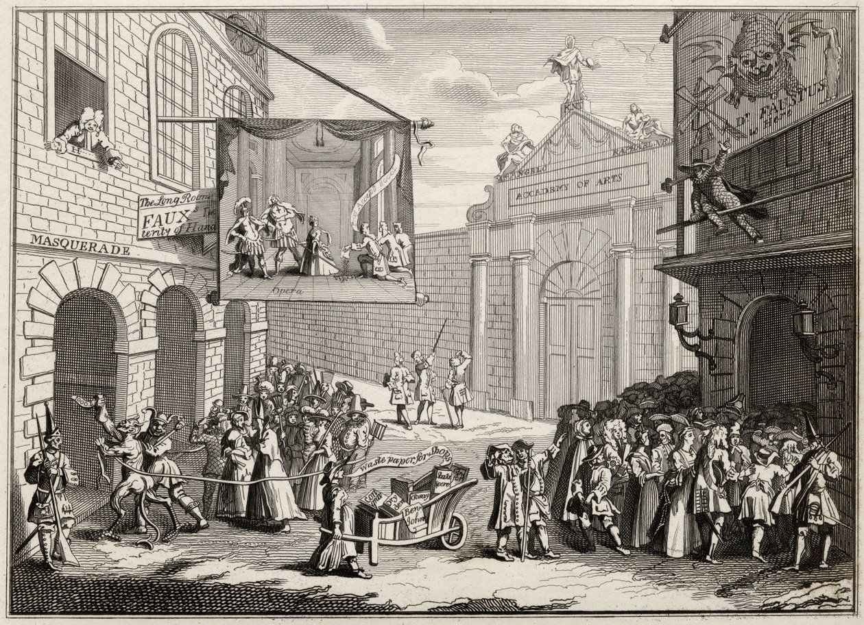 Álarcosbálok és operák, Burlington Gate, Hogarth műveiből, megjelent 1833-ban. alkotó: William Hogarth