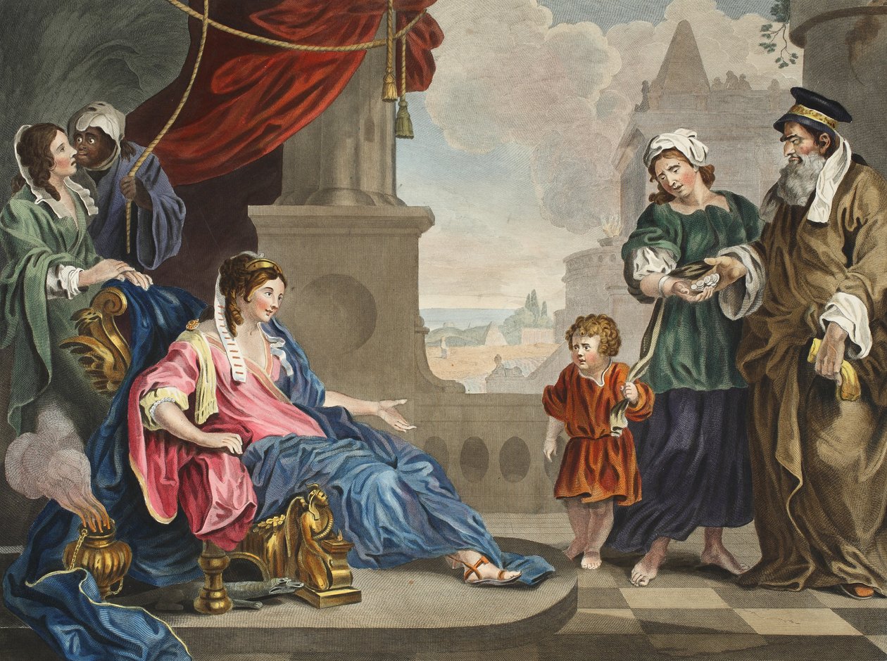 Mózes hozott a fáraó lányának, illusztráció a „Hogarth Restored: The Whole Works of the híres William Hogarth, újrametszett Thomas Cook” című kocsmából. 1812 (kézzel színezett metszet) alkotó: William Hogarth