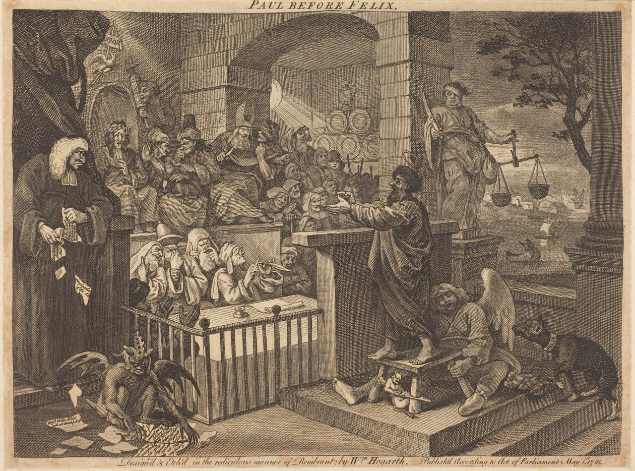 Pál Felix előtt, burleszk változatban alkotó: William Hogarth