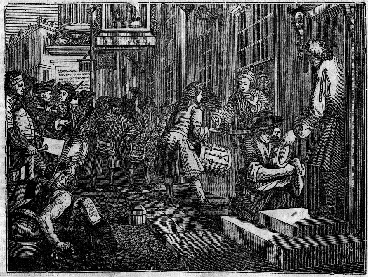 Tányér William Hogarth (1697-1764) brit illusztrátor 12 metszetből álló sorozatából, „Indusz és tétlenség”, „Zele és lustaság”, „Zele és lustaság” című sorozatából, amely két tanonc pályafutását meséli el: Goodchild esküvője takácsmestere lányával. alkotó: William Hogarth