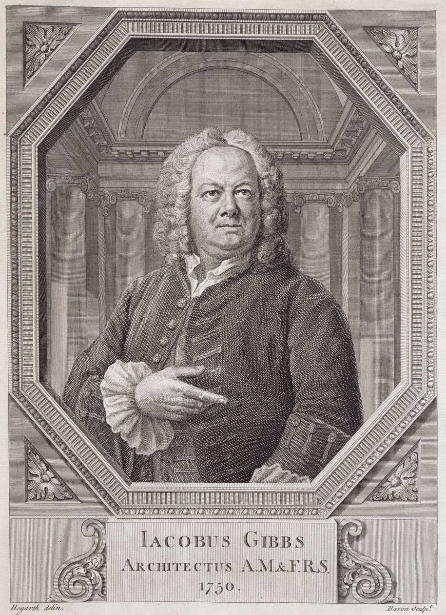 James Gibbs (1682-1754) portréja a "Radcliffe-könyvtár tervei, részei és domborzatai" című könyvből, Bernard Baron (1696-1766 körül) metszet, 1750 alkotó: William Hogarth