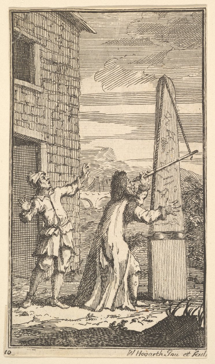 Sidrophel a sárkányt vizsgálja távcsövén keresztül. Tizenhét kis illusztráció a S... számára, 1721-26. alkotó: William Hogarth