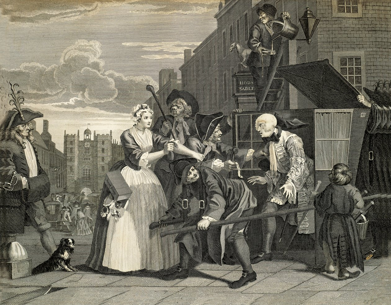 Utcai jelenetek Londonban, William Hogarth (1697-1764), metszet, Anglia alkotó: William Hogarth