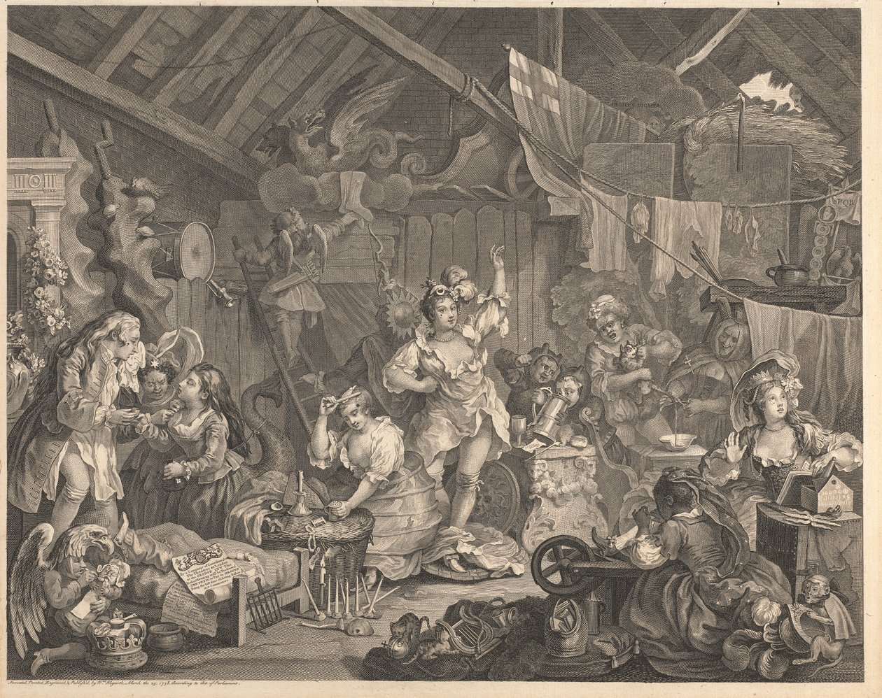 Sétáló színésznők, akik egy pajtában öltözködnek alkotó: William Hogarth