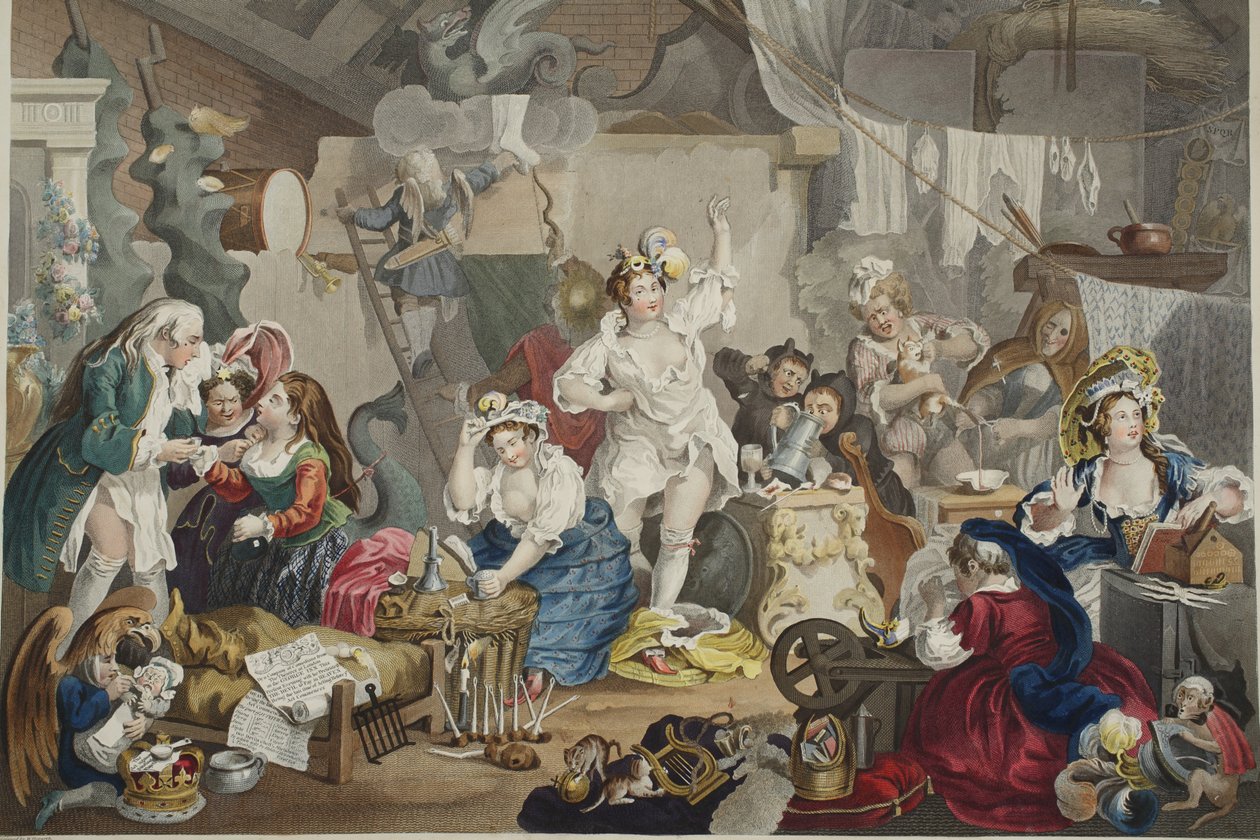 Sétáló színésznők öltözködnek egy pajtában, illusztráció a "Hogarth Restored: The Whole Works of the Celebrated William Hogarth, re-engraved by Thomas Cook", pub. 1812 (kézzel színezett metszet) alkotó: William Hogarth