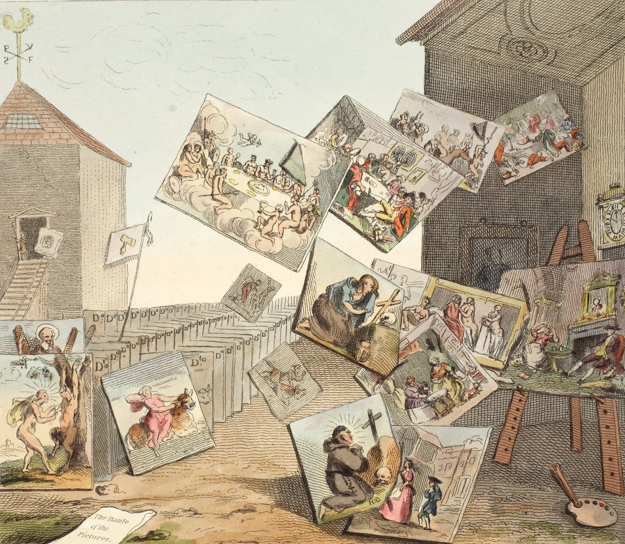 The Battle of the Pictures, illusztráció a „Hogarth Restored: The Whole Works of the híres William Hogarth, re-graves by Thomas Cook”, pub. 1812 (kézzel színezett metszet) alkotó: William Hogarth