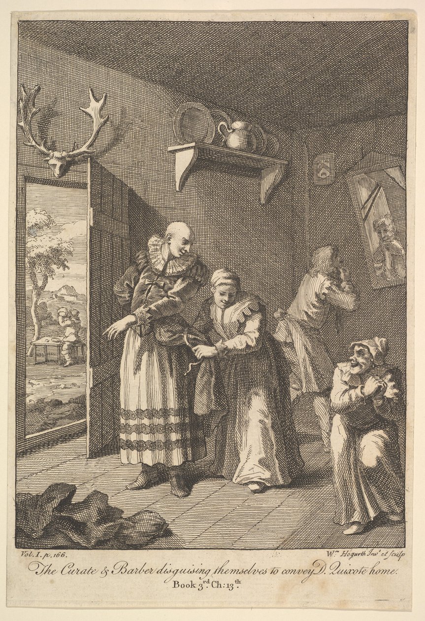 A kurátor és a borbély álcázzák magukat, hogy közvetítsék a Don Quijote otthon hatodik évét..., 1756 vagy azután. alkotó: William Hogarth