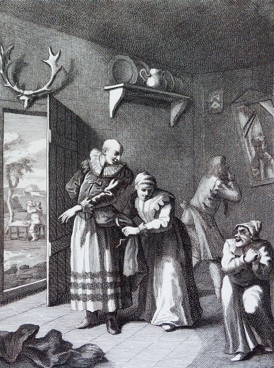 A kurátor és a borbély álcázzák magukat, hogy Don Quijote otthonát közvetítsék. írta William Hogarth alkotó: William Hogarth