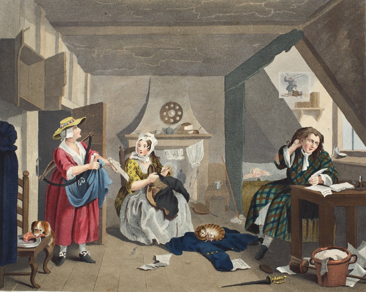 The Distressed Poet, illusztráció a „Hogarth Restored: The Whole Works of the híres William Hogarth, újrametszette Thomas Cook”, pub. 1812 (kézzel színezett metszet) alkotó: William Hogarth