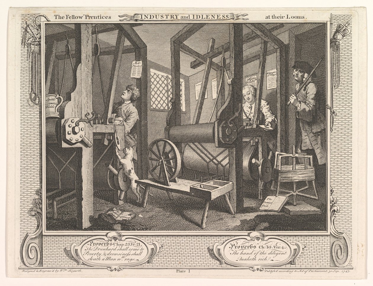 The Fellow Prentices at their Loooms Industry and Idleness, 1. lemez, 1747. szeptember 30. alkotó: William Hogarth