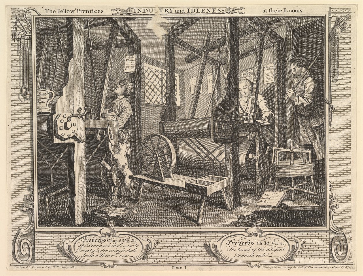 The Fellow Prentices at their Loooms: Industry and Idleness, 1. lemez, 1747. szeptember 30. alkotó: William Hogarth