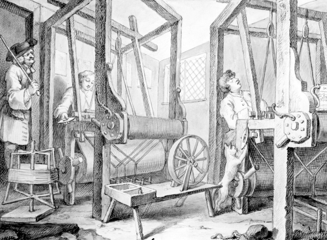 The Fellow Prentices a szövőszékeknél, amelyek az ipart és a tétlenséget képviselik, 1747 (mosás, toll, tinta és grafit a papíron) alkotó: William Hogarth