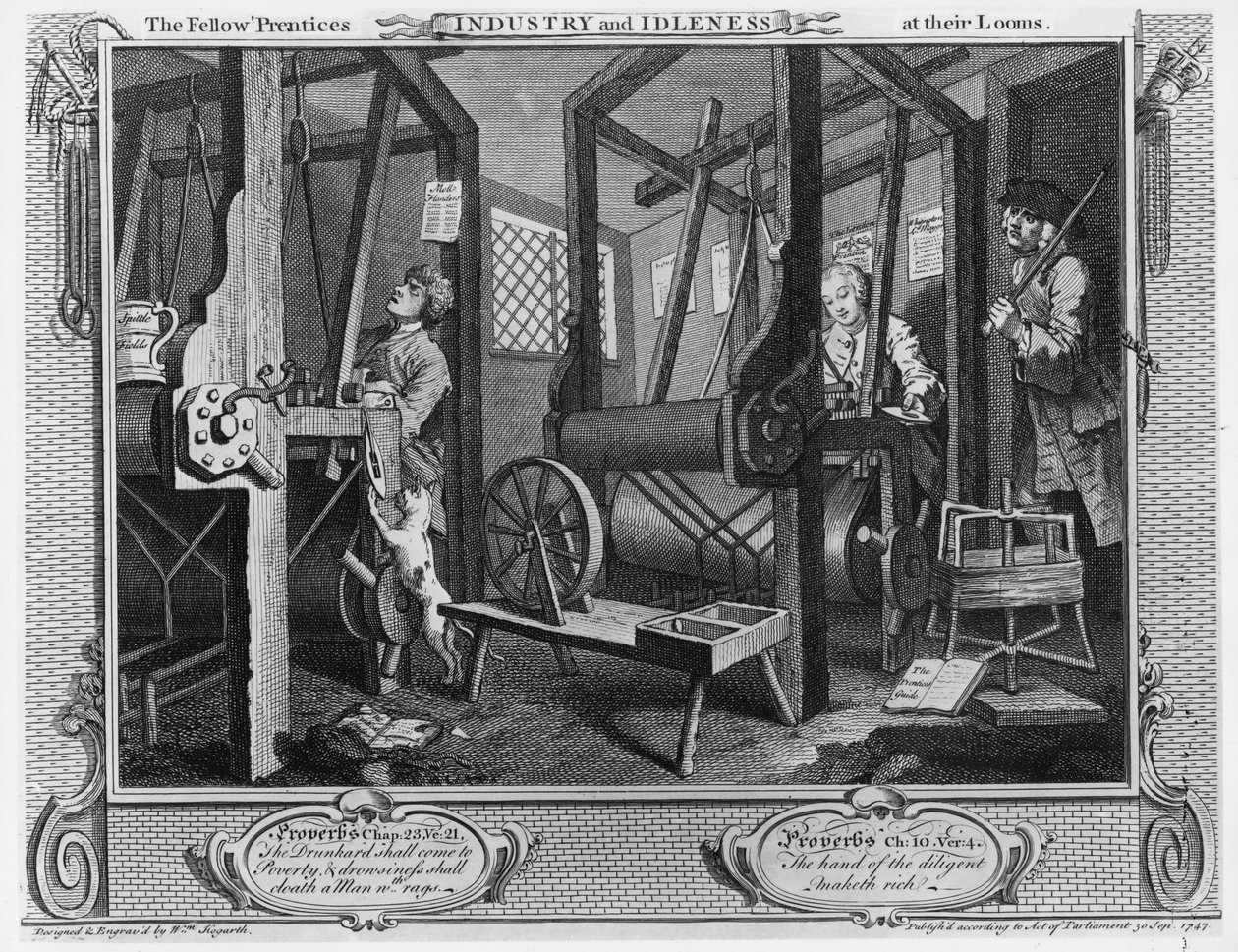 The Fellow „Prentices at their Loooms”, „Ipar és tétlenség” I. lemeze, 1747 alkotó: William Hogarth