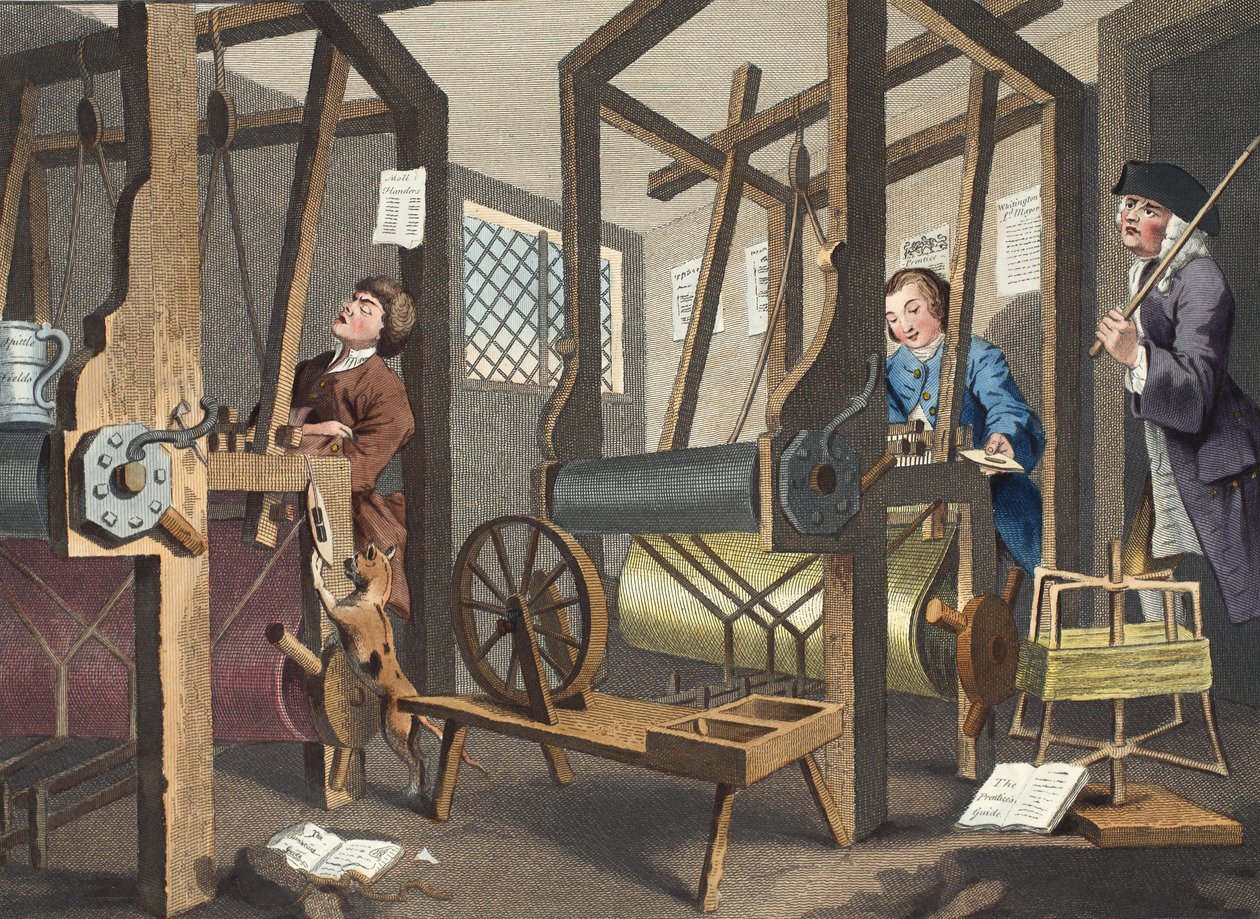 The Fellow „Prentices at their Loooms”, „Ipar és tétlenség” I. táblája, illusztráció a „Hogarth Restored: The Whole Works of the híres William Hogarth, re-graves by Thomas Cook”, pub. 1812 alkotó: William Hogarth
