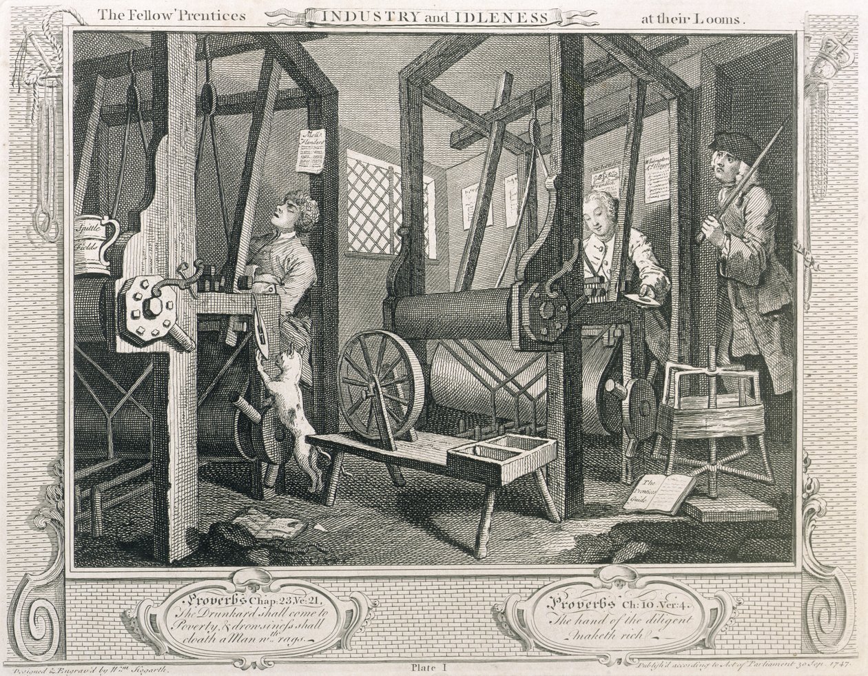 The Fellow „Prentices at their Loooms”, „Ipar és tétlenség” I. táblája, 1833-ban (metszet) alkotó: William Hogarth