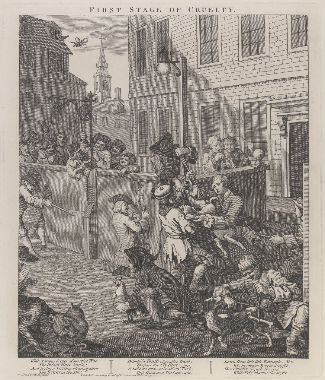 A kegyetlenség első szakasza: az állatokat kínzó gyerekek alkotó: William Hogarth