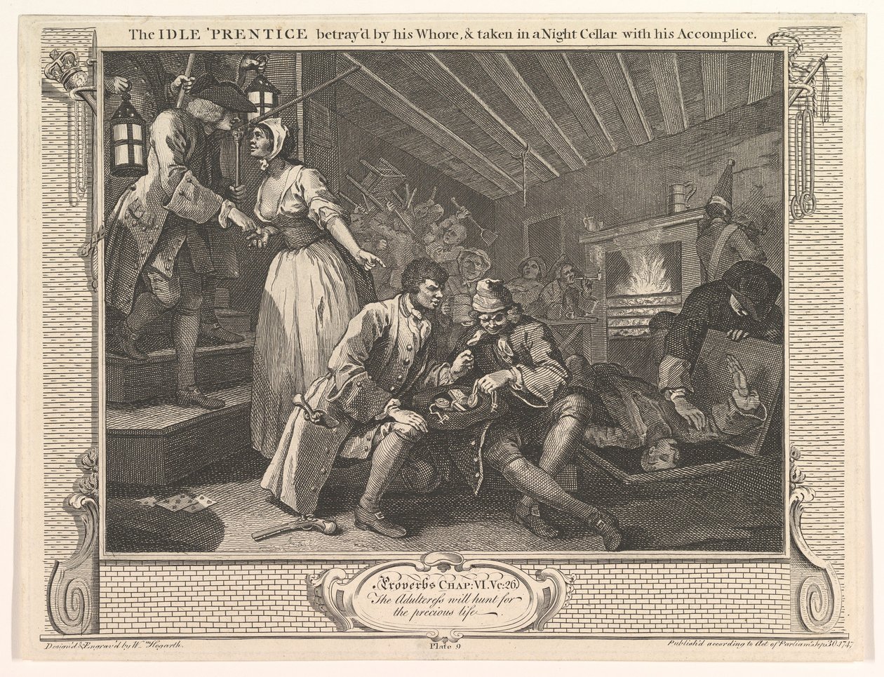 Az Idle Prentice, akit kurva elárult, és elvitték egy éjszakai pincébe a hi...-vel, 1747. szeptember 30. alkotó: William Hogarth