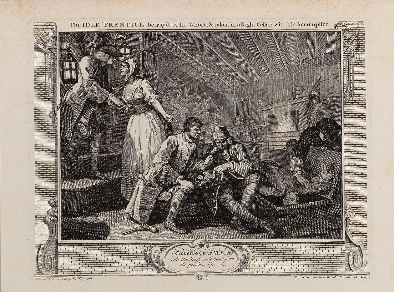 A tétlen pap, akit kurva elárult, és bűntársával egy éjszakai pincébe vitték, 1747. alkotó: William Hogarth
