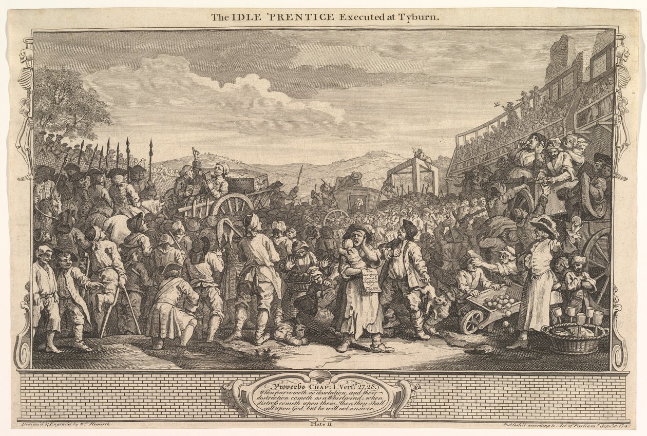 The Idle Prentice Executed at Tyburn: Industry and Idleness, 11. tábla, 1747. szeptember 30. alkotó: William Hogarth