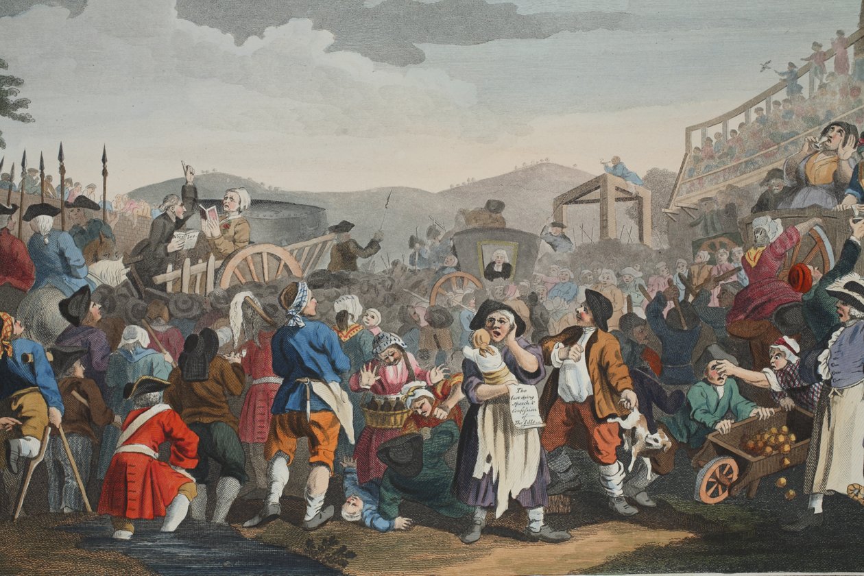 The Idle "Prentice Executed at Tyburn, "Industry and Idleness" XI. tábla, illusztráció a "Hogarth Restored: The Whole Works of the híres William Hogarth, re-graves by Thomas Cook", pub. 1812 (kézzel színezett metszet) alkotó: William Hogarth