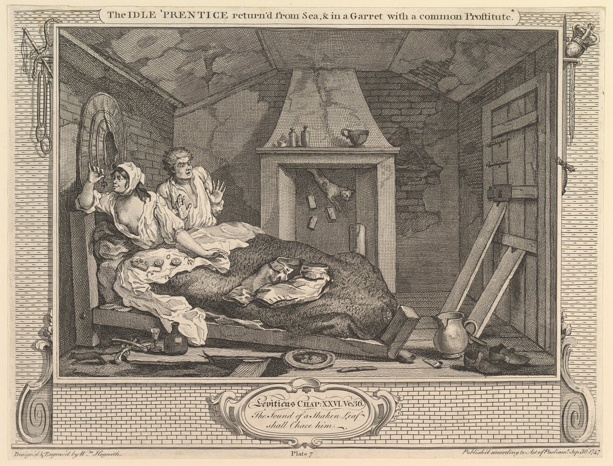 A tétlen prentice visszatért a tengerből és egy pajzsban egy közös prostituálttal..., 1747. szeptember 30. alkotó: William Hogarth