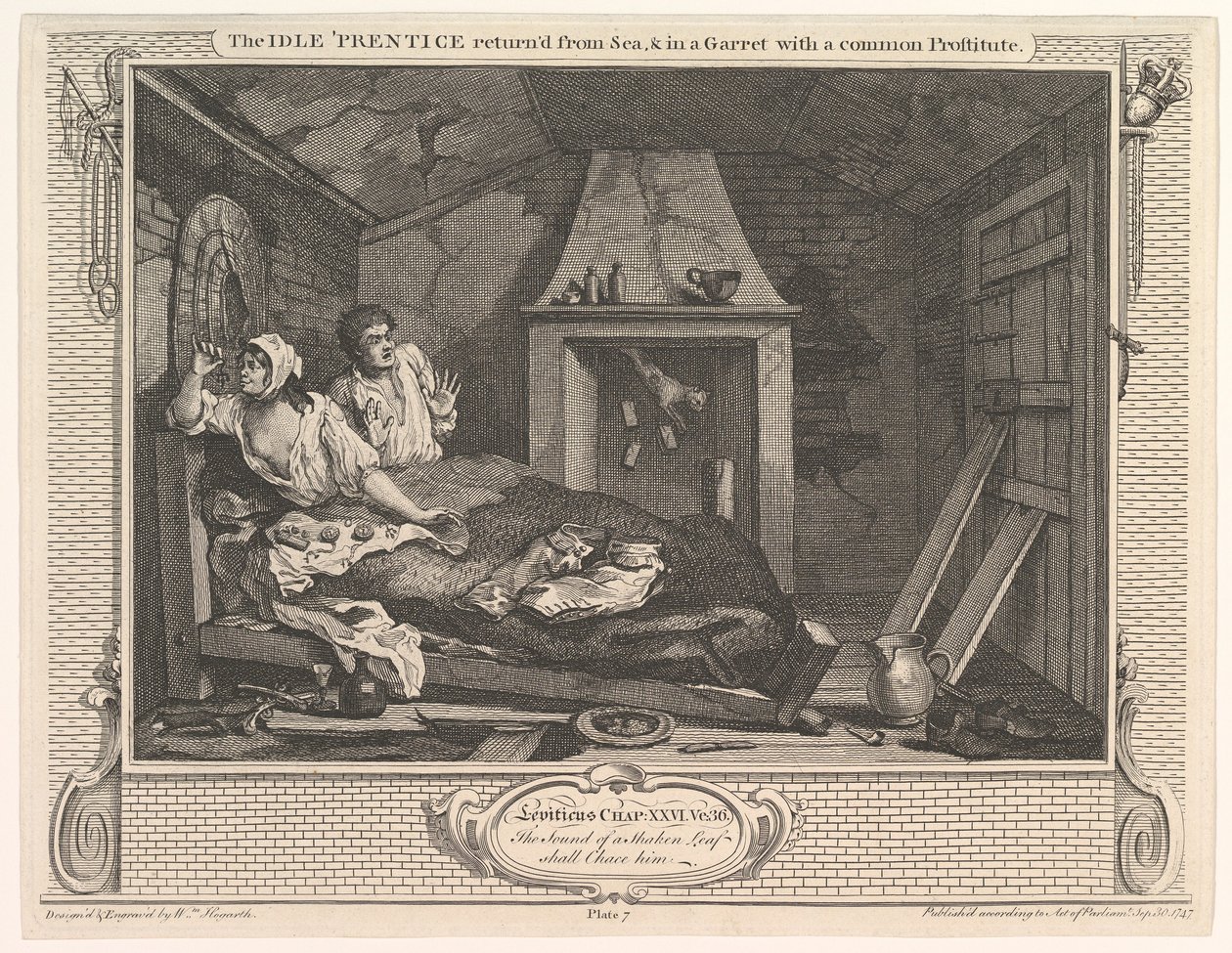 Az Idle Prentice visszatért a tengerről és egy pajzán egy közös prostituálttal..., 1747. december 30. alkotó: William Hogarth