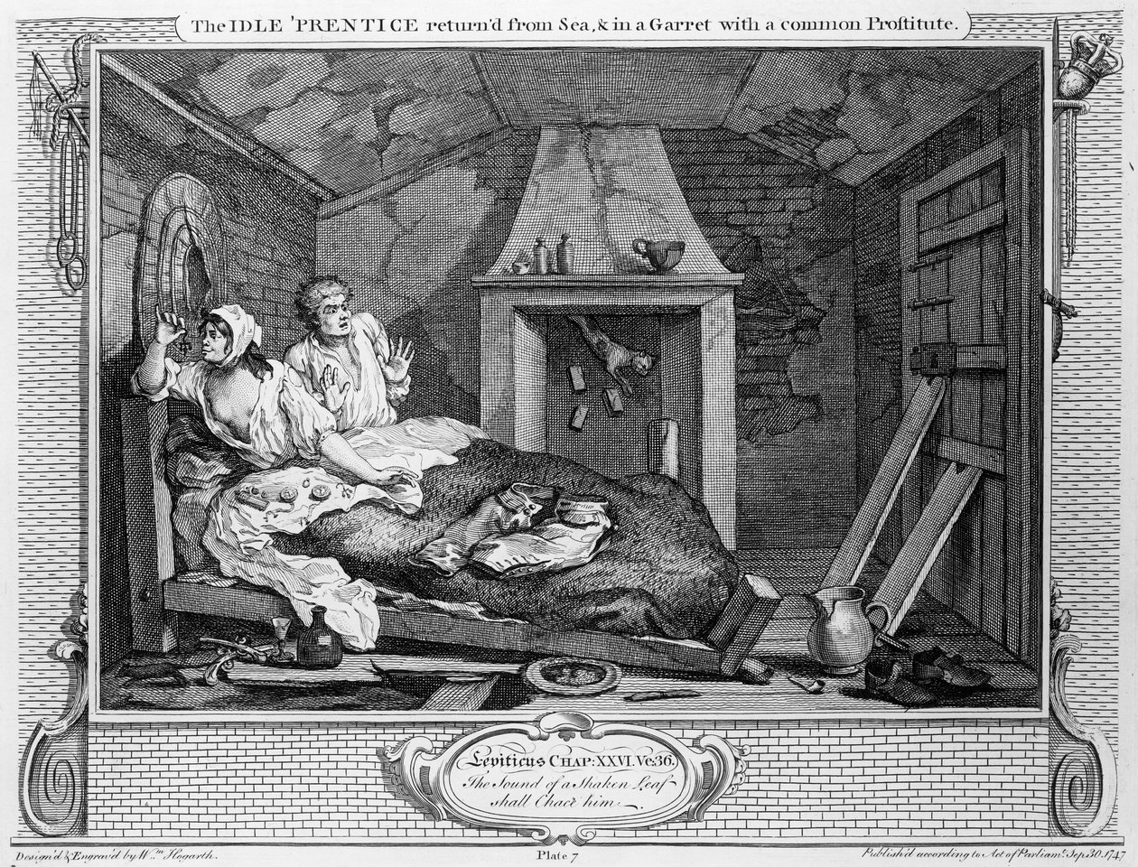 A tétlen „Prentice visszatért a tengerből, és egy garretben egy közös prostituálttal”, „Ipar és tétlenség” VII. lemeze, 1747 alkotó: William Hogarth
