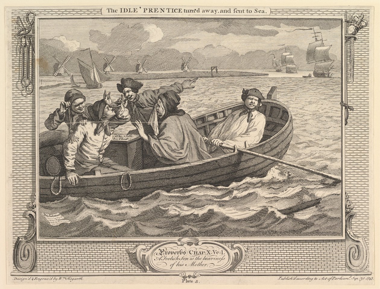 The Idle Prentice Turned Away and Sent to Sea: Industry and Idleness, 5. lemez, 1747. szeptember 30. alkotó: William Hogarth