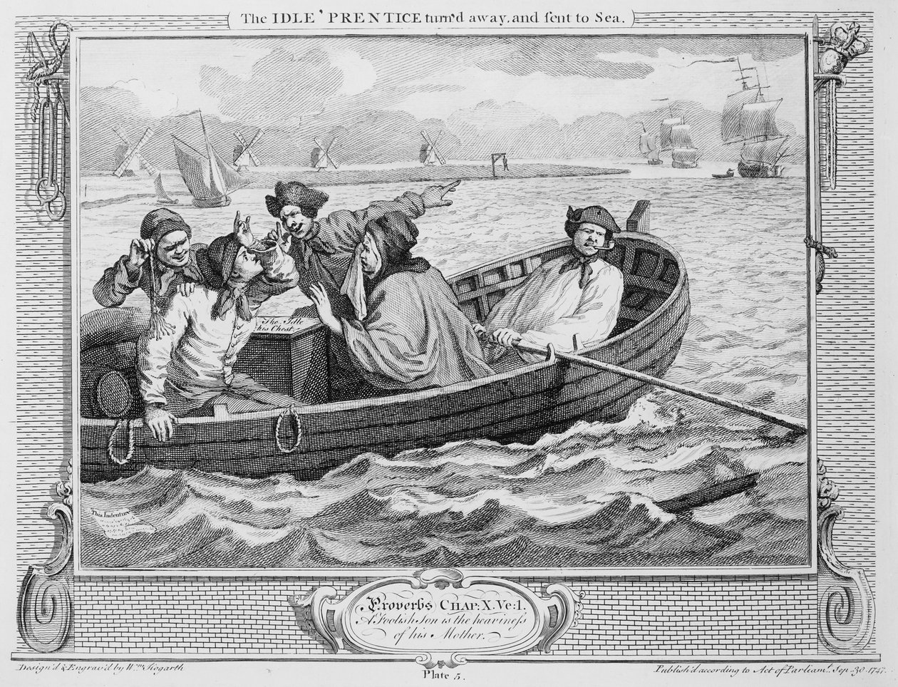 A tétlen „Prentice elfordult és tengerre küldött”, „Ipar és tétlenség” V. lemeze, 1747 alkotó: William Hogarth