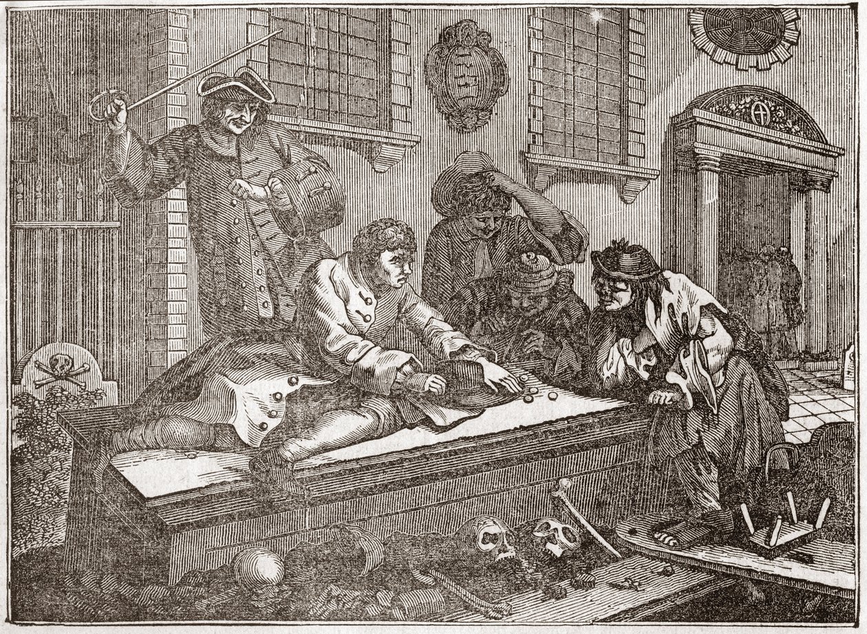 A tétlen tanítvány játékban a templom udvarán, isteni szolgálat közben – Lemez William Hogarth (1697-1764) brit illusztrátor 12 metszetből álló sorozatából, „Ipar és tétlenség”, „A zele és a lustaság” címmel. elmesélve két pályafutását a alkotó: William Hogarth
