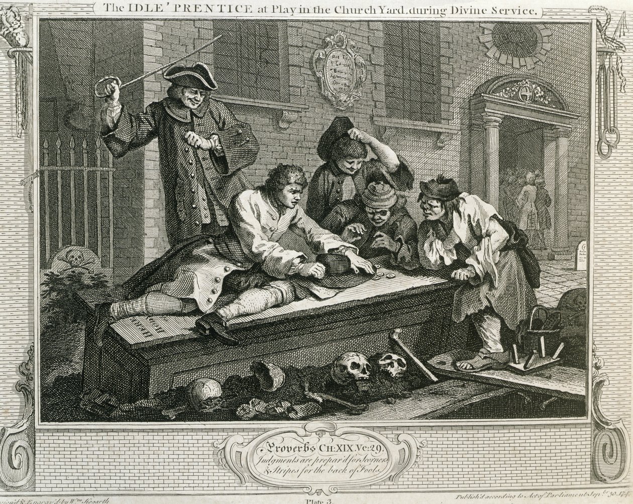 A tétlen „Prantice játékban a templom udvarán isteni szolgálat közben”, „Ipar és tétlenség” III. lemeze, 1833-ban. alkotó: William Hogarth
