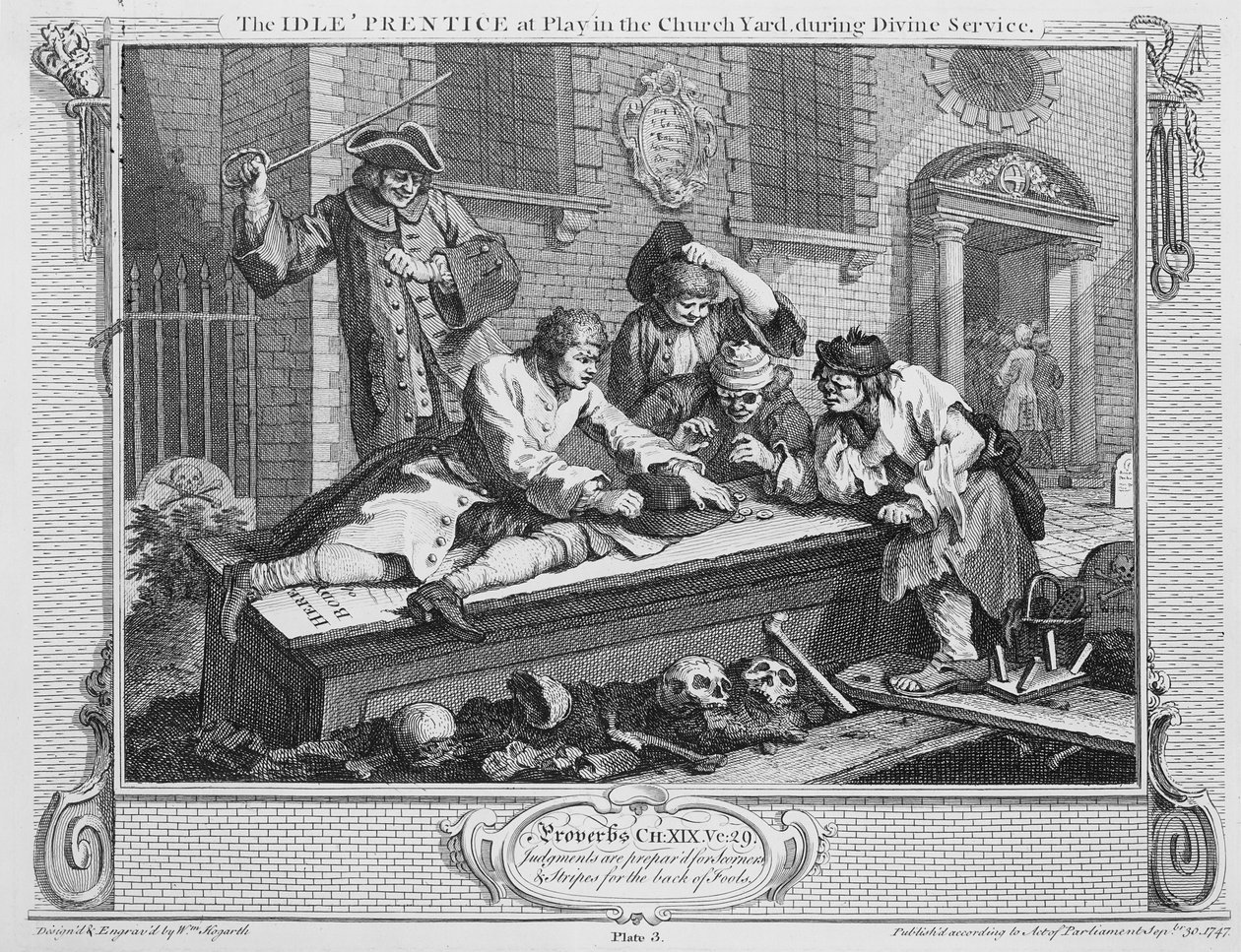 A tétlen „tanonc játszik a templom udvarán isteni szolgálat közben”, „Ipar és tétlenség” III. alkotó: William Hogarth