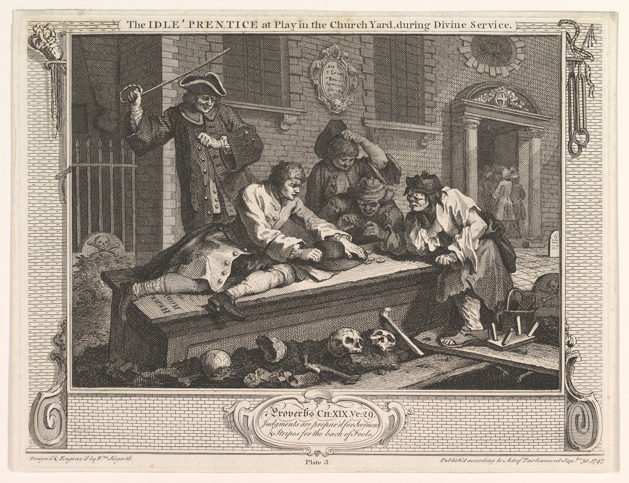The Idle Prentice at Play in the Church Yard Industry and Idleness, 3. tábla, 1747. szeptember 30. alkotó: William Hogarth