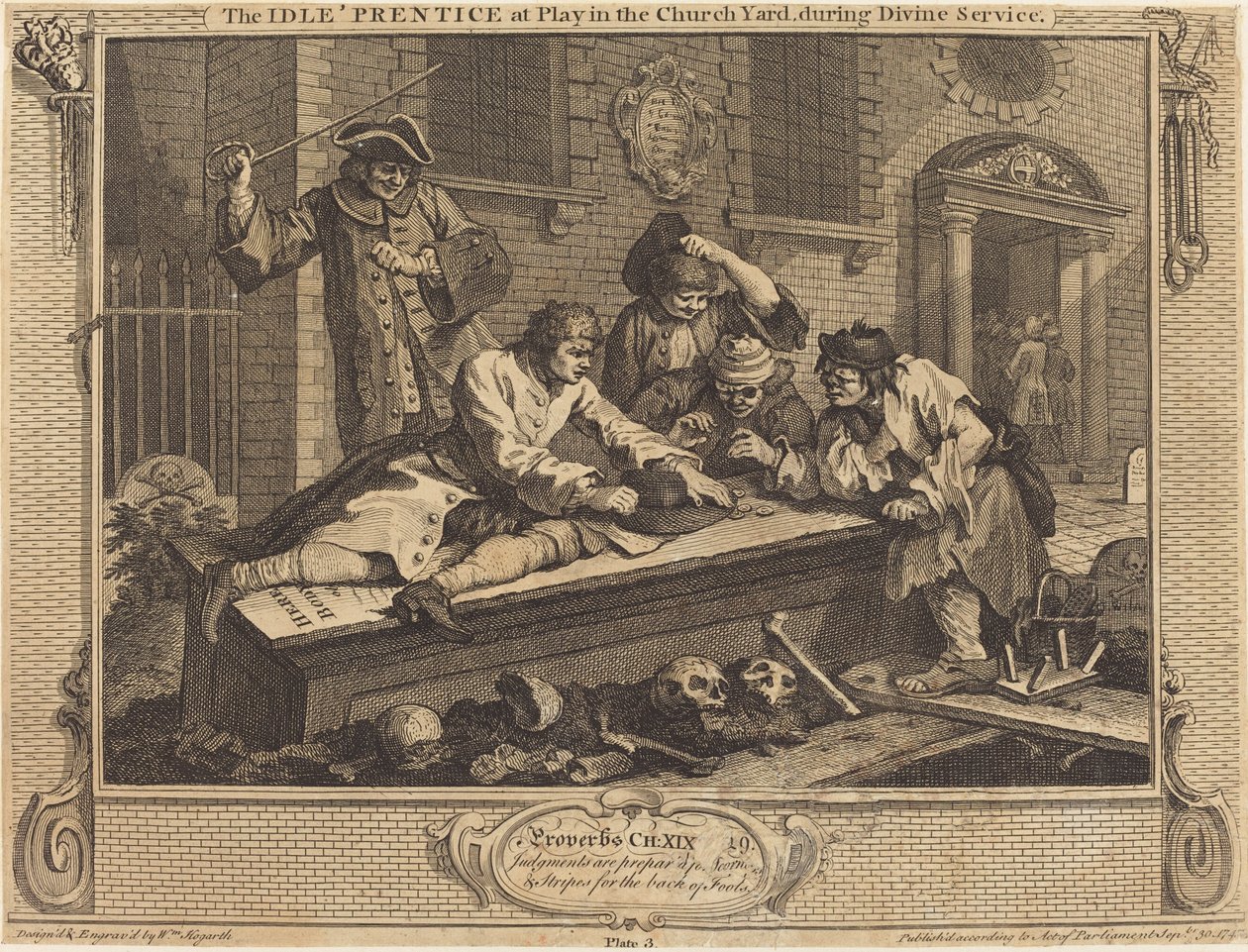 A tétlen „tanonc játszik a templom udvarán, istentisztelet közben alkotó: William Hogarth