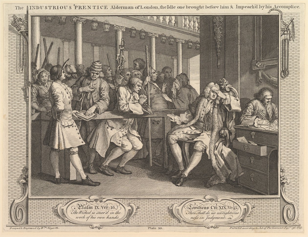 The Industrious Prentice Alderman of London, the Idle One Brought Before Hi..., 1747. szeptember 30. alkotó: William Hogarth