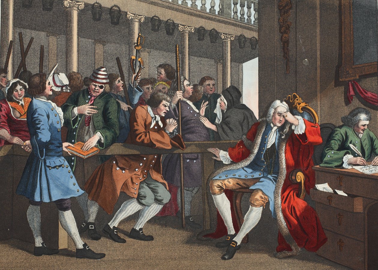 A szorgalmas „Londoni Alderman pap, a tétlen, akit bűntársa vád alá helyez, az „Ipar és tétlenség” X. táblája, illusztráció a „Hogarth Restored: The Whole Works of the celeb” c. alkotó: William Hogarth