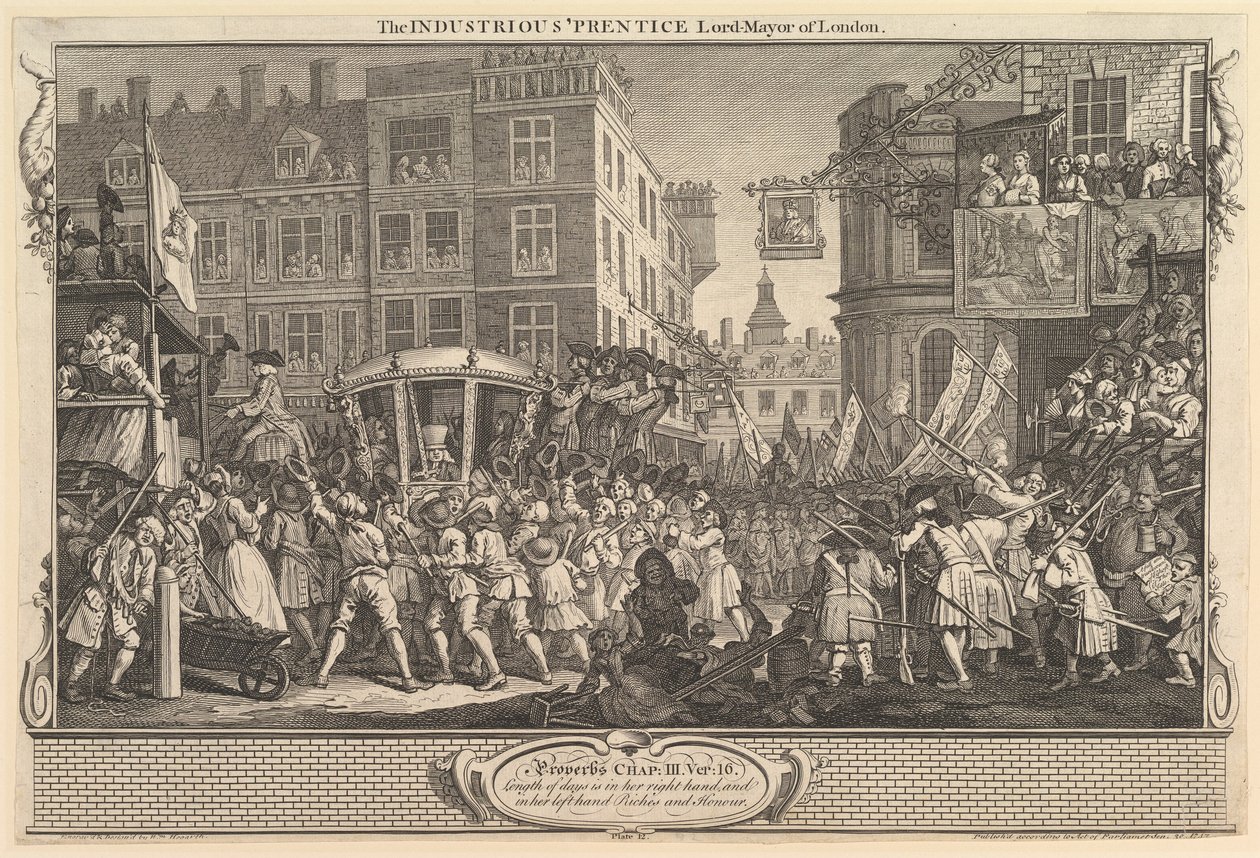 The Industrious Prentice Lord Mayor of London: Industry and Idleness, plate..., 1747. szeptember 30. alkotó: William Hogarth